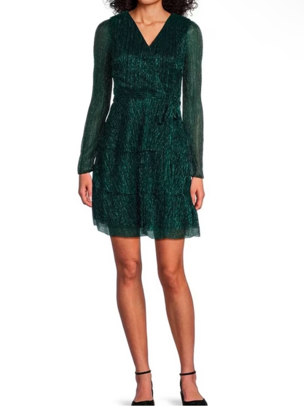 Rachel Zoe Emerald Green Long Sleeve Wrap Dress Metallic Shimmer Sz XL